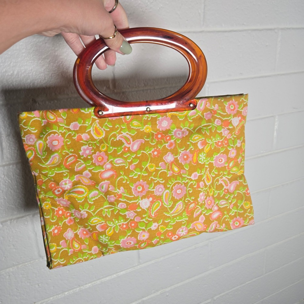 Vtg 1960s Tapestry Lucite Coinpurse Handbag Floral Paisley Large Retro Boho Mod
